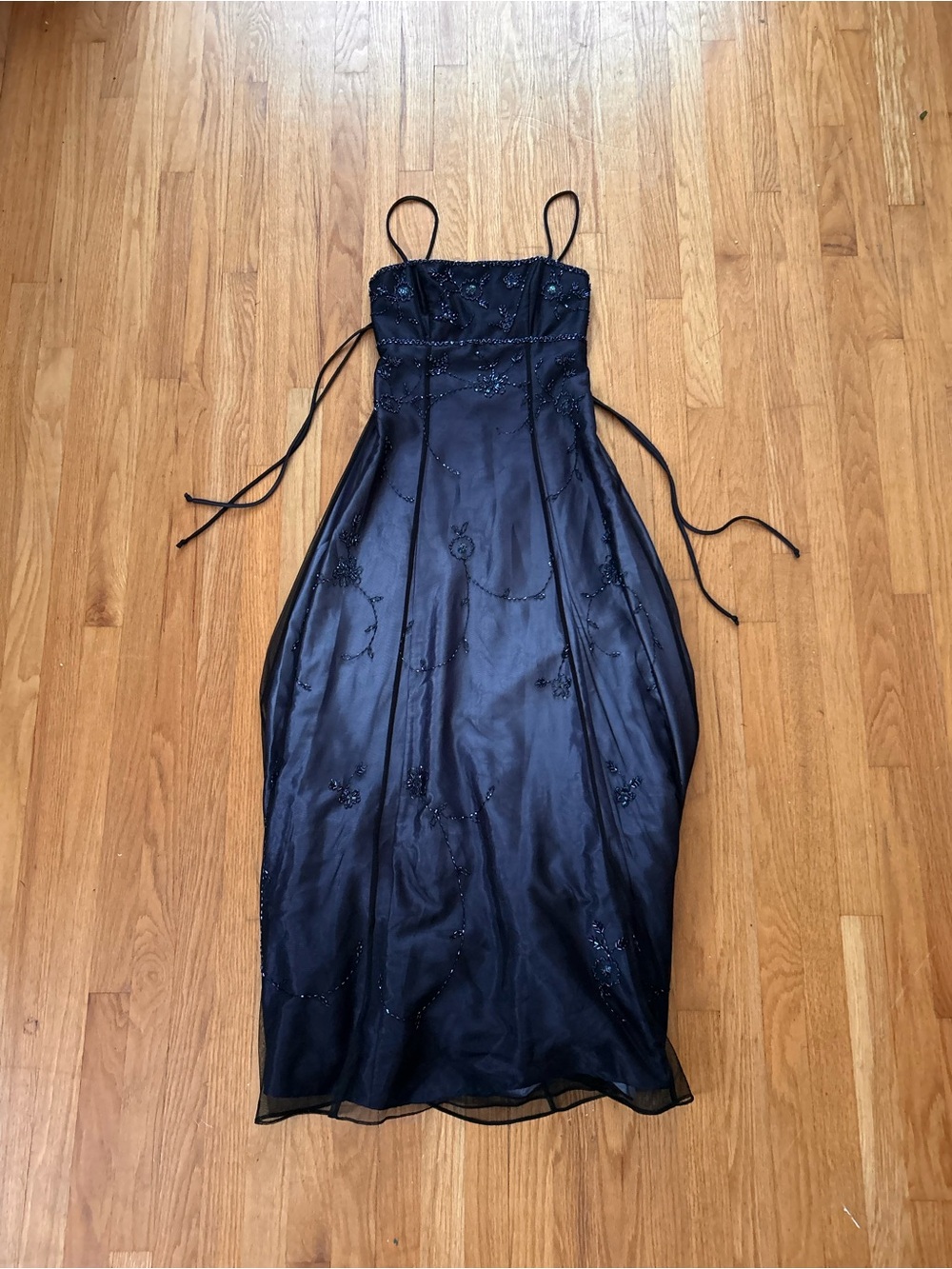 Blondie Nites Black Beaded Spaghetti-Strap Evening Dress